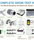Components of Complete Grow Tent Kit With Full Spectrum LED Grow Light And Carbon Filter For Indoor Hydroponics displayed