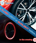 Glow In The Dark Tire Valve Caps 20 Pack In Five Colors Fluorescent Valve Stem Covers on car wheel day and night view