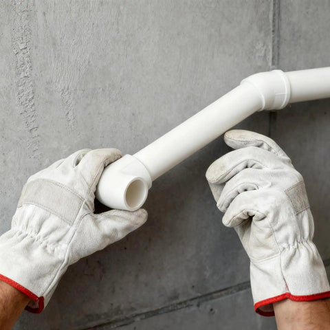 Hands installing 48 Piece 1/2 Inch PVC Pipe Fittings Elbow Set With 3 Way, 4 Way, 45 Degree And 90 Degree Elbows, DIY project setup.