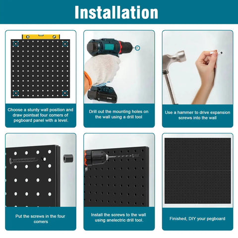 Installation guide for Heavy Duty Steel Pegboard Panels Pack Of 4 12x12 Inches Black For Garage Tool Storage.