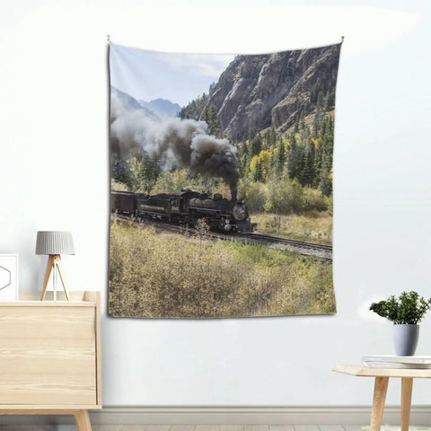 Steam Locomotive Train Wall Tapestry Print in living room setting, lightweight polyester fabric, dope vintage train decor