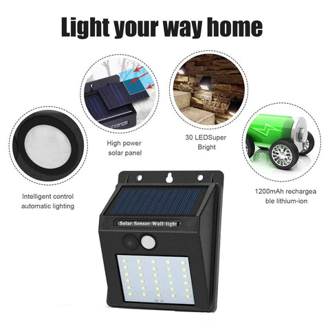 Solar Motion Sensor Outdoor Lights 30 LED 4 Pack With Motion Activated Security Lighting No Fuss Solar Powered Exterior Wall And Gutter Sconce Lamps For Home Safety Weatherproof Black, showing light features and solar panel.