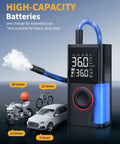 Cordless Tire Inflator Portable Air Compressor 150 PSI With Pressure Gauge And LED Light next to motorcycle, car, and ball