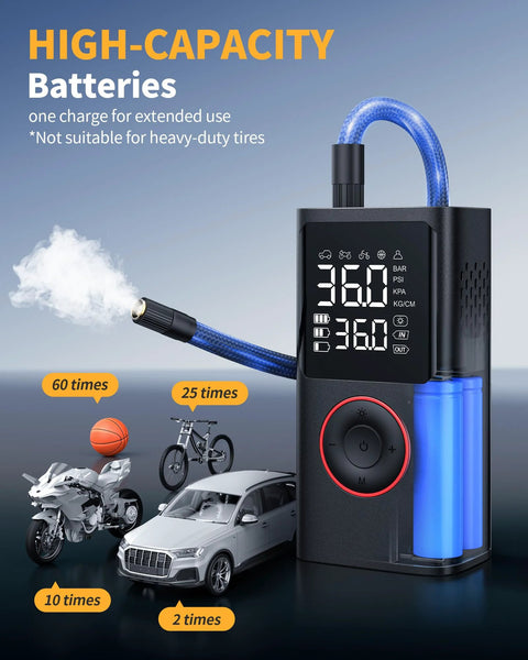 Cordless Tire Inflator Portable Air Compressor 150 PSI With Pressure Gauge And LED Light next to motorcycle, car, and ball