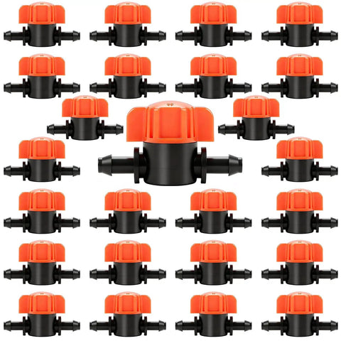 25 Pack One Quarter Inch Drip Irrigation Shut Off Valves Easy Install Inline Water Flow Control for Garden Beds