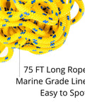 Close-up of 75 Foot Water Rescue Throw Rope With Bag Marine Grade Line with yellow and blue design for boating and watersports