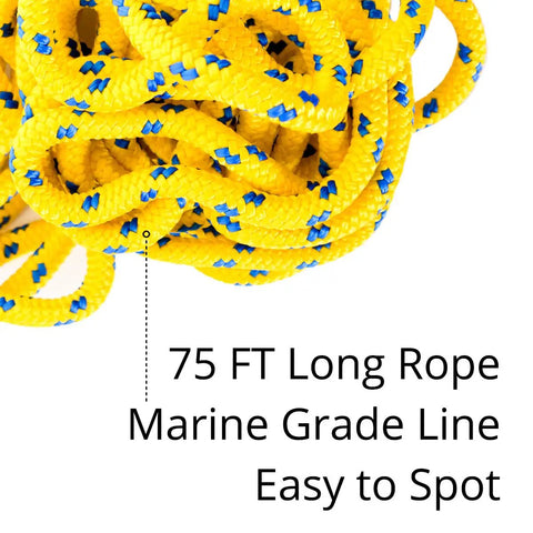 Close-up of 75 Foot Water Rescue Throw Rope With Bag Marine Grade Line with yellow and blue design for boating and watersports