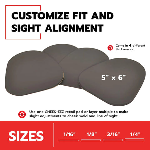 Cheek Protector Recoil Pad For Shotgun Or Rifle, 5"x6" oval shape thick quarter inch microcell urethane, size options 1/16" to 1/4".