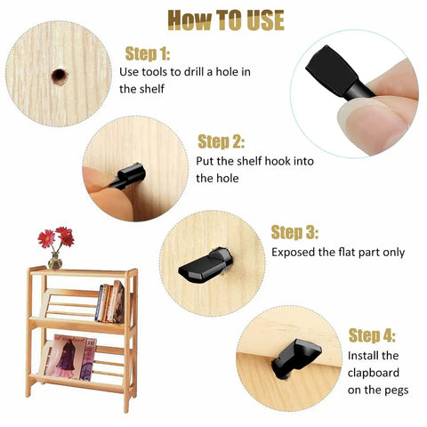 How to use Heavy Duty 100 Pack Black Spoon Style Shelf Pins For Kitchen Cabinets And Home Bookshelves Snap Fit Adjustable Steel Pegs.