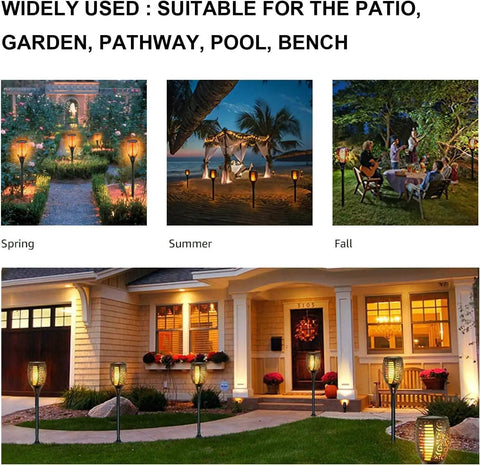 Four Pack Outdoor Solar Torch Lights With Lit Flickering Flame 33 LED Waterproof Tiki Torches lighting up a house pathway