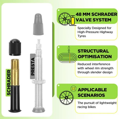 Diagram of Schrader and Presta valves with features for Two Pack 700c Bike Tube With 48mm Schrader Valve For 700x35c To 700x43c Road Bikes