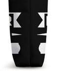 Side view of Dragon Boat Racing Tote Bag for Paddlers and Dragonboating Fans, showing black polyester fabric and white geometric print.
