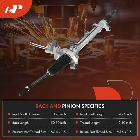 Mazda 3 Hydraulic Power Steering Rack And Pinion Replacement For 2004 2005 2.0L 2.3L With Inner Tie Rods And Dust Boots Left Hand Drive Only Drop In Fit displayed with dimensions and specifications.