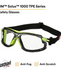 Solus 1000 Series Safety Glasses with Scotchgard No-Fog Coating, clear lenses, TPE gasket, black and green frame, elastic strap
