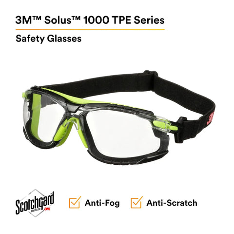 Solus 1000 Series Safety Glasses with Scotchgard No-Fog Coating, clear lenses, TPE gasket, black and green frame, elastic strap