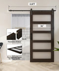 36 Inch By 84 Inch Glass Barn Door With 6.6 Foot Sliding Door Hardware Kit Included And Handle Five Panel Frosted Glass Solid Wood Slab With Waterproof PVC Surface For Privacy And Durability Pre Drilled For Easy Assembly Brown