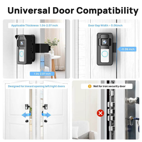No Drill Doorbell Mount For Ring And Blink Cameras With Three Way Adjustment Lets You Aim Left Right And Down Up To 40 Degrees For A Crystal Clear View Of Packages And Home Security In Any Home Or Apartment Black showing universal door compatibility, applicable thickness, and door gap width.