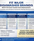 Infographic showing Whirlpool, KitchenAid, Maytag, Kenmore dishwasher models' compatibility with W11177741 gasket seal