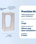Electronic Pet Door Wall Conversion Kit For Large Pets Easy Install In Interior Or Exterior Walls Up To 7.25 Inches Thick Telescoping Frame Plug-and-Play Exterior Frame And Tunnel For Quick DIY Upgrade shown with telescoping frame and cutout dimensions.