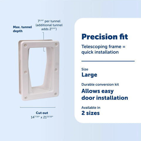 Electronic Pet Door Wall Conversion Kit For Large Pets Easy Install In Interior Or Exterior Walls Up To 7.25 Inches Thick Telescoping Frame Plug-and-Play Exterior Frame And Tunnel For Quick DIY Upgrade shown with telescoping frame and cutout dimensions.