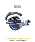 Evolution saw with stainless steel cutting saw blade 9 inch 60 tooth carbide tipped for low RPM saws, 1 inch arbor displayed