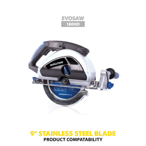 Evolution saw with stainless steel cutting saw blade 9 inch 60 tooth carbide tipped for low RPM saws, 1 inch arbor displayed