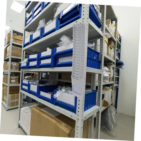 Expandable Plastic Card Holder And Multi Grid Desk Organizer displayed on a warehouse shelf with blue storage bins.