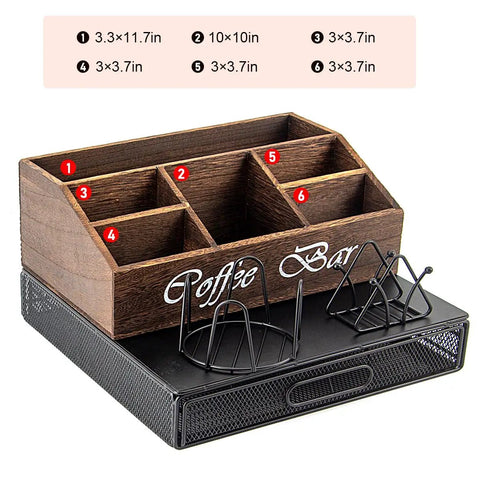 Wooden Coffee Station Organizer With 2-In-1 Pod Drawer And Tea Bag Holder displaying six compartments and cup holders.