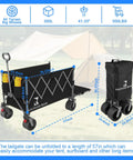 57 Inch Long Collapsible Wagon With Tailgate And Brake For Beach Gear Groceries And Outdoor Use All Terrain Big Wheels Heavy Duty Utility Cart Capable Of 500 Pounds shown in unfolded and folded views with dimensions and features visible.