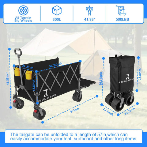 57 Inch Long Collapsible Wagon With Tailgate And Brake For Beach Gear Groceries And Outdoor Use All Terrain Big Wheels Heavy Duty Utility Cart Capable Of 500 Pounds shown in unfolded and folded views with dimensions and features visible.