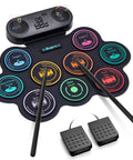 Portable Roll Up Electric Drum Kit With 9 Pads And Dual Stereo Speakers Bluetooth MIDI Practice Ready For Kids And Adults Beginners Includes Pedals Sticks And Headphone Support, featuring colorful pad design with two drumsticks and foot pedals.