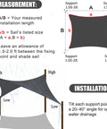 Cream 16 By 20 Rectangle Sun Shade Sail Outdoor Canopy Shelter Cover That Delivers 95 Percent UV Blockage And Water Resistance For Patio Garden Backyard Deck And All Weather Outdoor Living installed with measurements and tilt instructions.