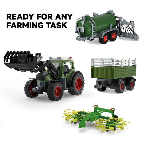 Remote Control Tractor With Dump Trailer And Front Loader, 2.4GHz RC Tractor Toy With Realistic Lights, 8 Wide Wheels setup