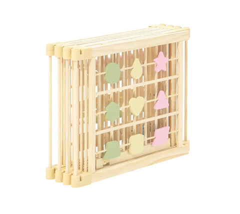 Natural Pine Wood Foldable Baby Playpen With 10 Expandable Panels And Built In Jumbo Activity Toys showcasing colorful shapes.