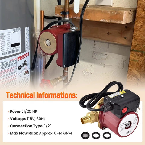 1.25 Hp 115V Water Circulator Pump With 1 2 Inch Sweat Line For Hydronic Heating And Radiant Floors Keeps Your Pipes Running Smooth Ditch Cold Shocks Replaces Up15 18B5 installed next to water heater.