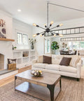 Sputnik 12 Light Chandelier Dope Brushed Nickel Modern Pendant Lighting For Kitchen Dining Living Room Foyer Industrial Vintage Ceiling Fixture Hardwired With Adjustable Height From 15.7 To 55 Inches hanging in a living room
