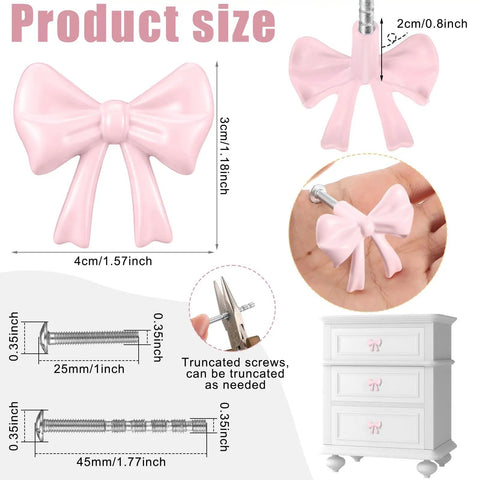 Pink Bow Dresser Knob Set With 30 Knobs And 90 Screws, 1.57 Inch Aluminum Alloy Handles For Drawers And Cabinets, with dimensions