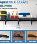 Two Pack Heavy Duty Garage Wall Shelving Racks 46 By 12.5 Inches Wall Mounted With 8 Hooks And 320 Lb Capacity Black Metal Floating Organizer Shelves For Tools And Gear, adjustable black shelf with bins on wall