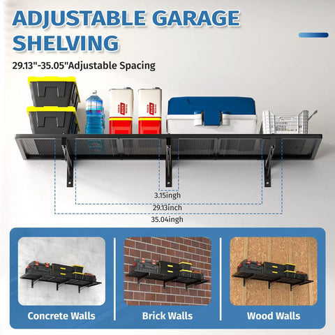 Two Pack Heavy Duty Garage Wall Shelving Racks 46 By 12.5 Inches Wall Mounted With 8 Hooks And 320 Lb Capacity Black Metal Floating Organizer Shelves For Tools And Gear, adjustable black shelf with bins on wall