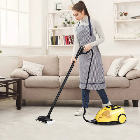The Heavy Duty Hardcore Steam Cleaner 1500W in use, featuring a large tank and child safety lock on a clean floor.