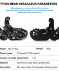 Rear Derailleur TY300 Direct Mount For Mountain Bikes, 6 To 7 Speed Shift Upgrade shown with specs and black steel design