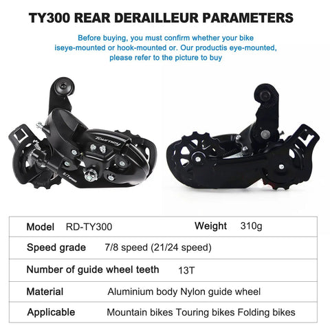 Rear Derailleur TY300 Direct Mount For Mountain Bikes, 6 To 7 Speed Shift Upgrade shown with specs and black steel design