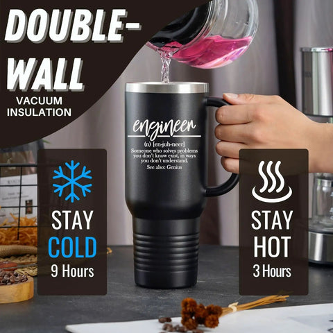 40oz Stainless Steel Tumbler With Handle Lid And Straw Black Dope Engineer Gift For Men And Women Double Wall Insulation Keeps Drinks Hot Or Cold Ideal For Civil Chemical Aerospace Pros Mentors On Birthday Or Christmas shown with hot beverage being poured
