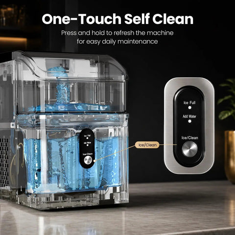 Beast Mode Countertop Nugget Ice Maker with One-Touch Self Clean feature and visible water tank for easy maintenance.