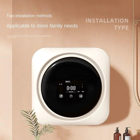 3.5 Liter Wall Mounted Mini Washing And Drying Machine Automatic Tumble Cycle Low Noise Portable Design displayed on wall, showing control panel.