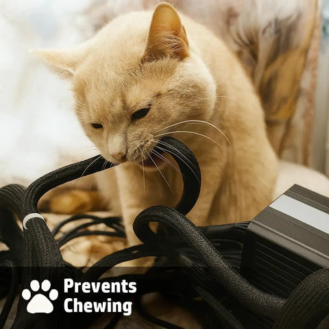 Cat chewing on Braided Split Sleeve Wire Loom For High Temperature Automotive Harness And Home Cable Management Durable PET Polyester Wrap Heat Resistant Easy Wrap Design 25 Feet Long And One Quarter Inch Diameter