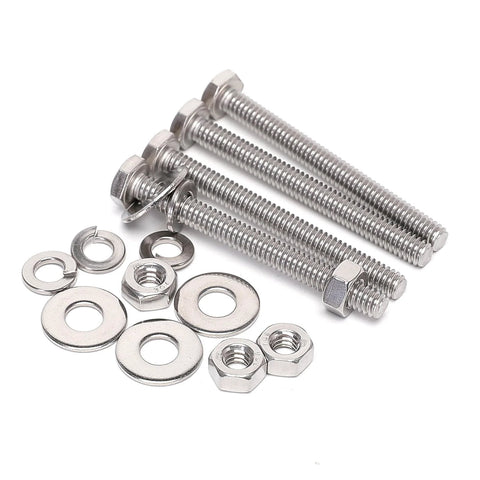 Stainless steel hex bolts set with nuts and washers; 3/8-16 x 4, fully threaded; flat and split lock washers (6 sets)