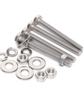 All In One 5/16-18 Stainless Steel Hex Bolt Set with nuts, washers, lock washers, fully threaded, 304 bright finish, displayed on white