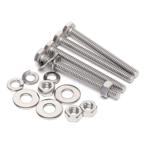 All In One 5/16-18 Stainless Steel Hex Bolt Set with nuts, washers, lock washers, fully threaded, 304 bright finish, displayed on white