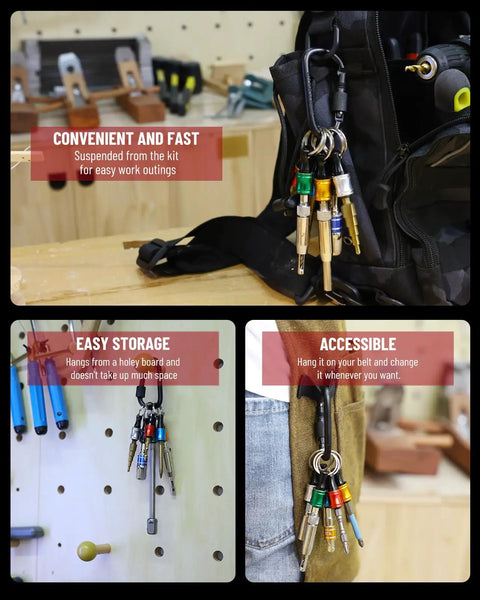 Backpack with attached Lightweight 1/4 Inch Hex Shank Aluminum Bit Holder With Quick Change Extension Bar And Keychain Carabiner